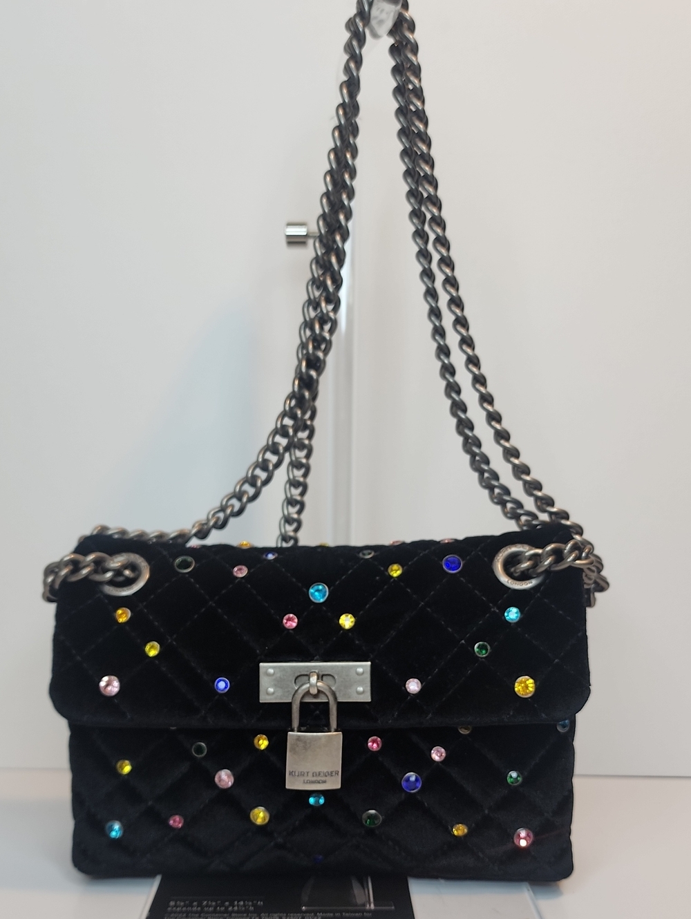 Kurt Geiger Black Quilted Velvet Chain Shoulder Bag with Multicolor Studs
